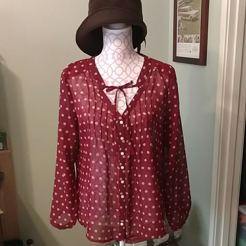 Burgendy/tan Polka dot blouse